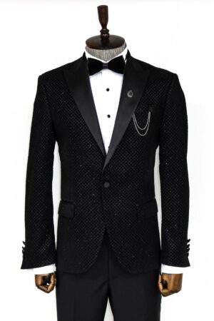 Black and White Patterned Slim Fit Party Blazer