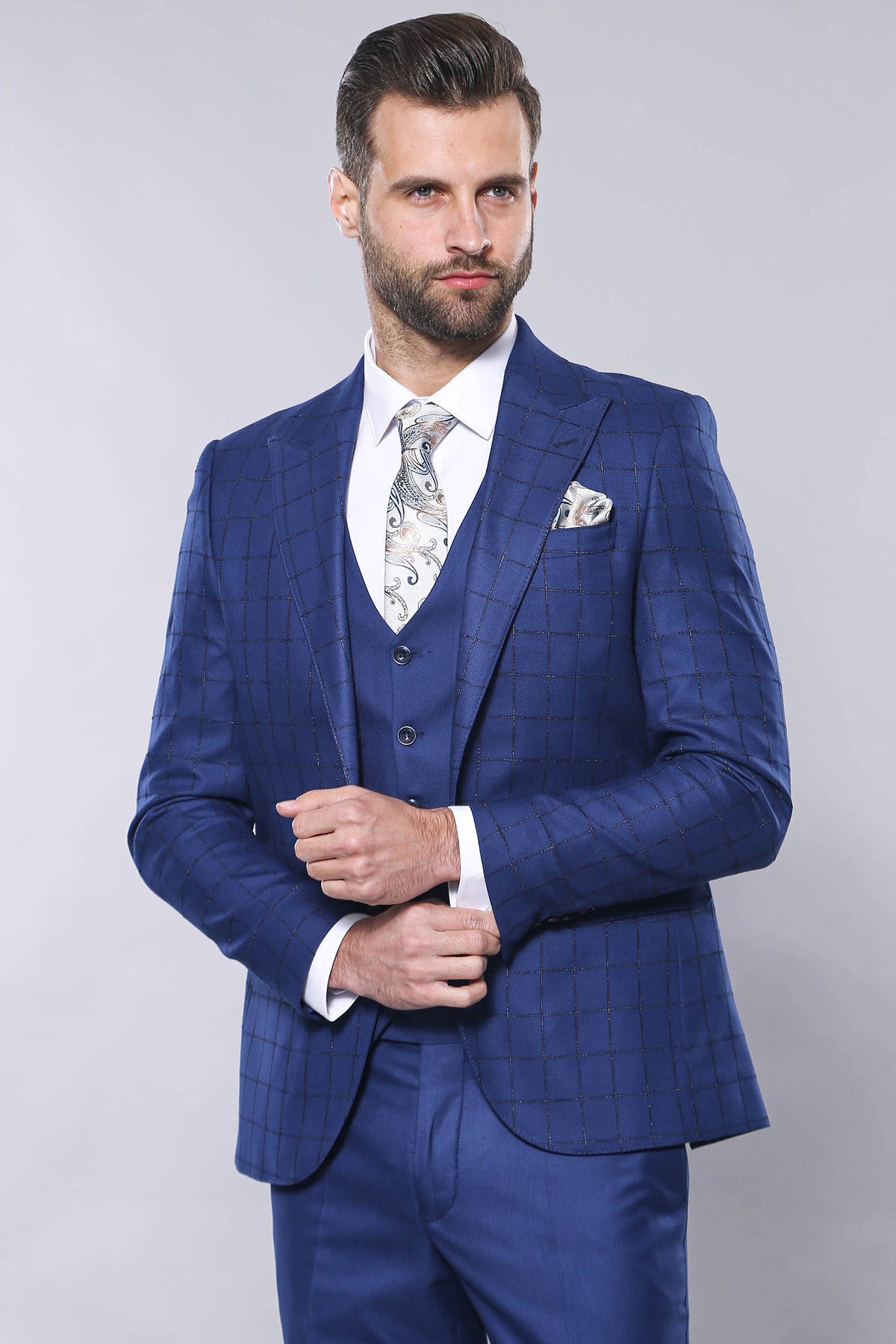 Blue Vested Suit With Plaid Blazer 1