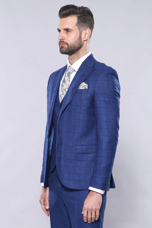 Blue Vested Suit With Plaid Blazer