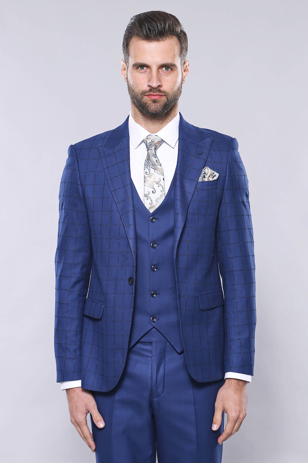 Blue Vested Suit With Plaid Blazer 5
