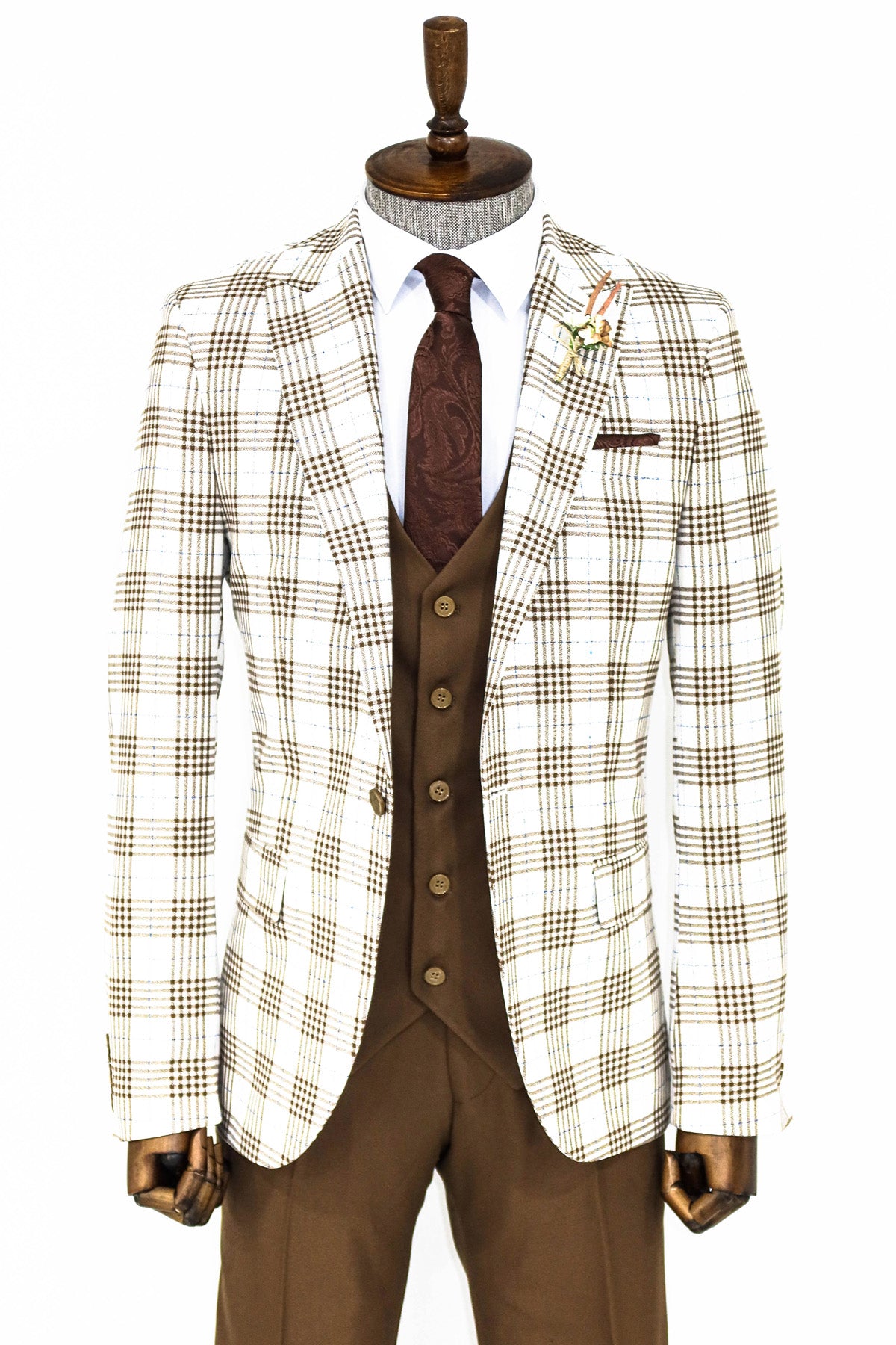 Brown Peak Lapel Checked 3 Piece Suit