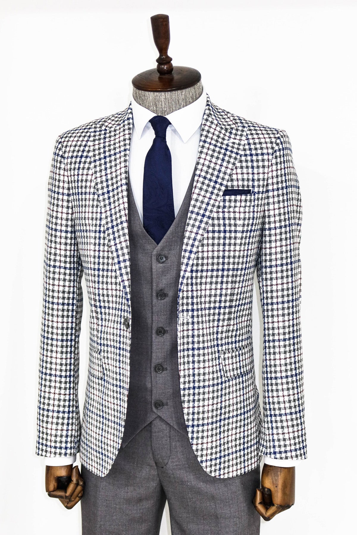 Grey Plaid 3 Piece Slim Fit Suit 7