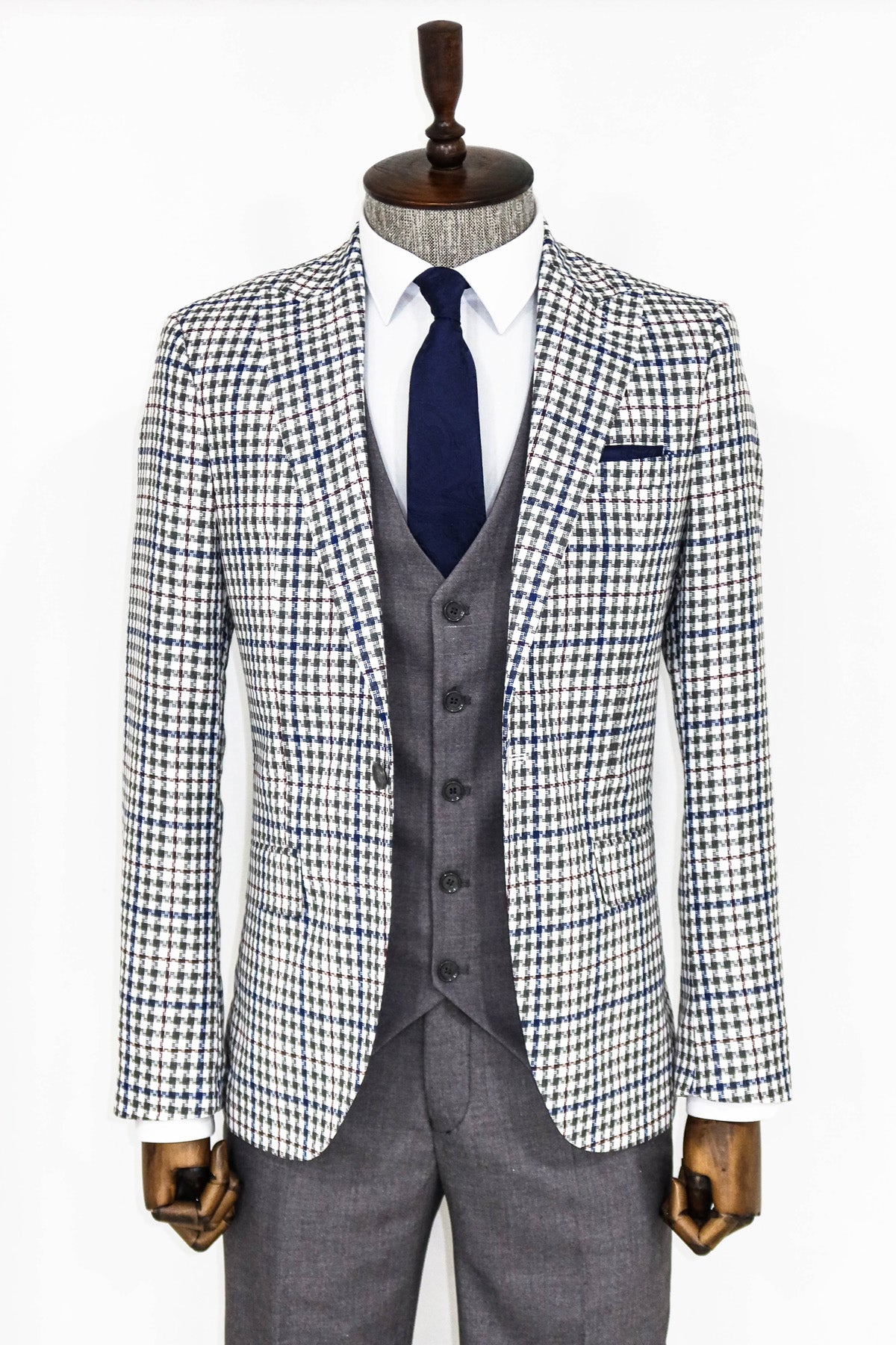 Grey Plaid 3 Piece Slim Fit Suit 1