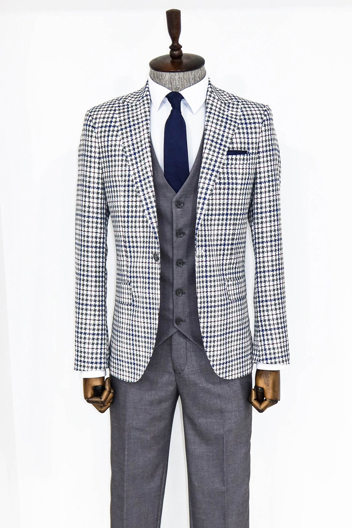 Grey Plaid 3 Piece Slim Fit Suit 9