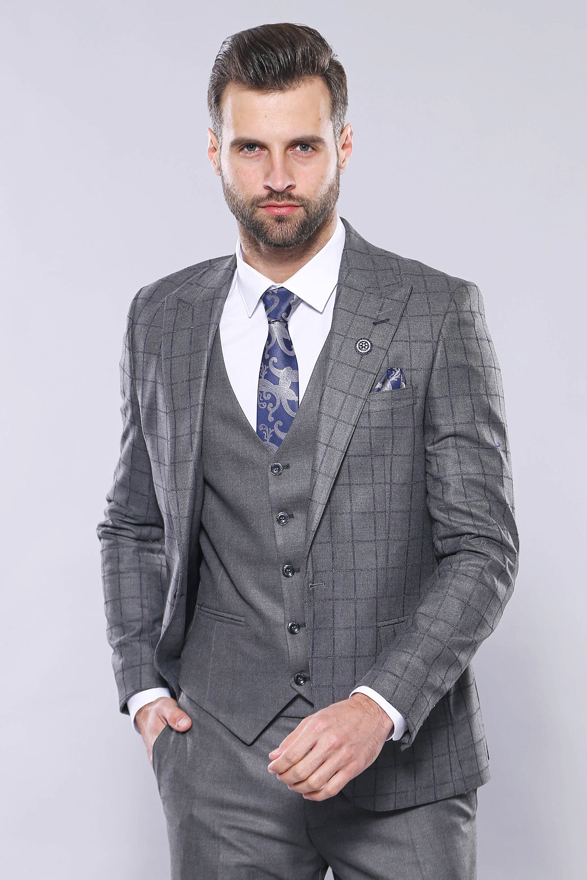 Grey Vested Checked Suit 1