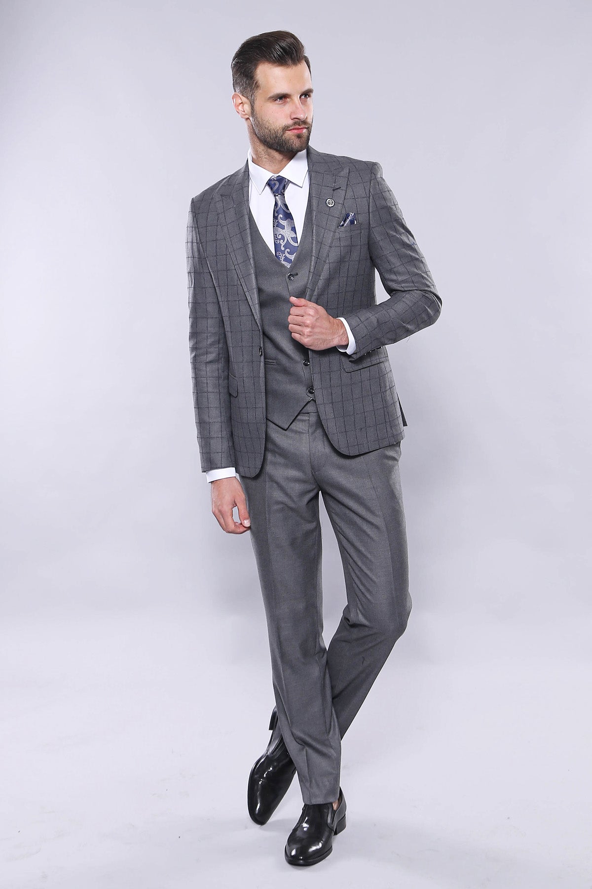 Grey Vested Checked Suit 3