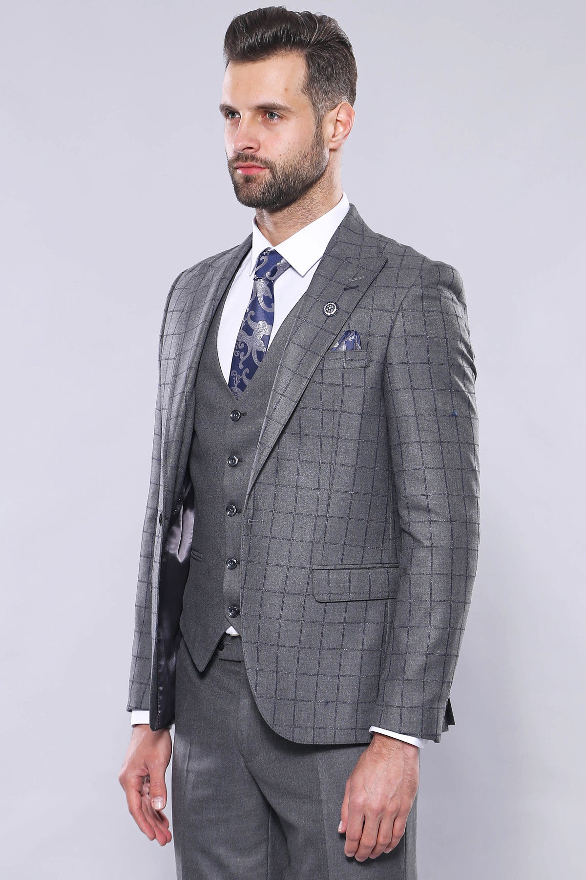 Grey Vested Checked Suit 6