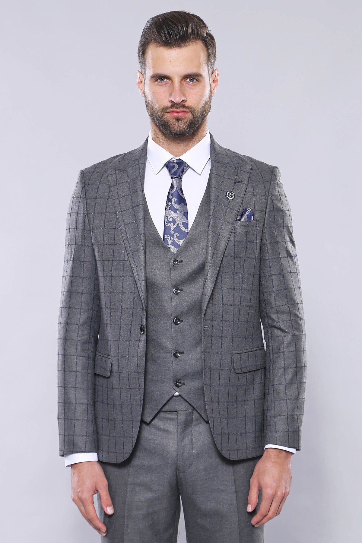 Grey Vested Checked Suit 5