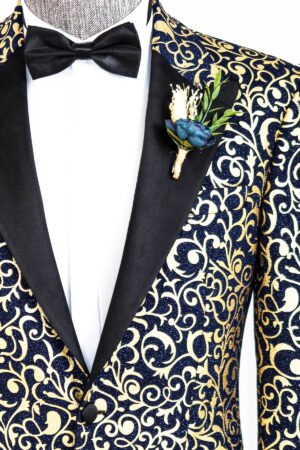 Navy Blue and Gold Floral Patterned Party Blazer