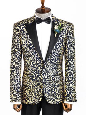 Navy Blue and Gold Floral Patterned Party Blazer