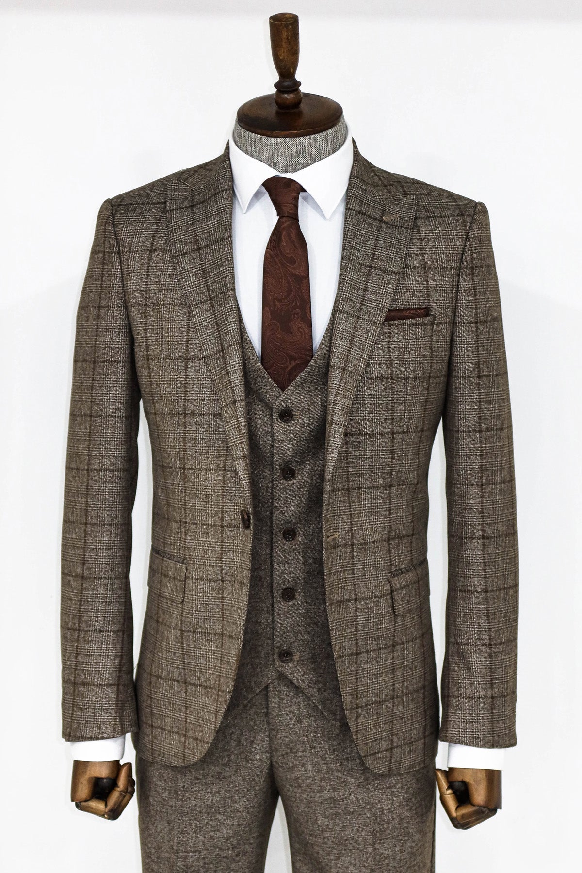 Plaid Brown Slim Fit Suit