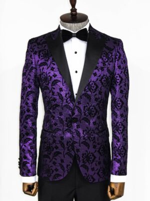 Purple Floral Patterned Peak Lapel Tuxedo Blazer