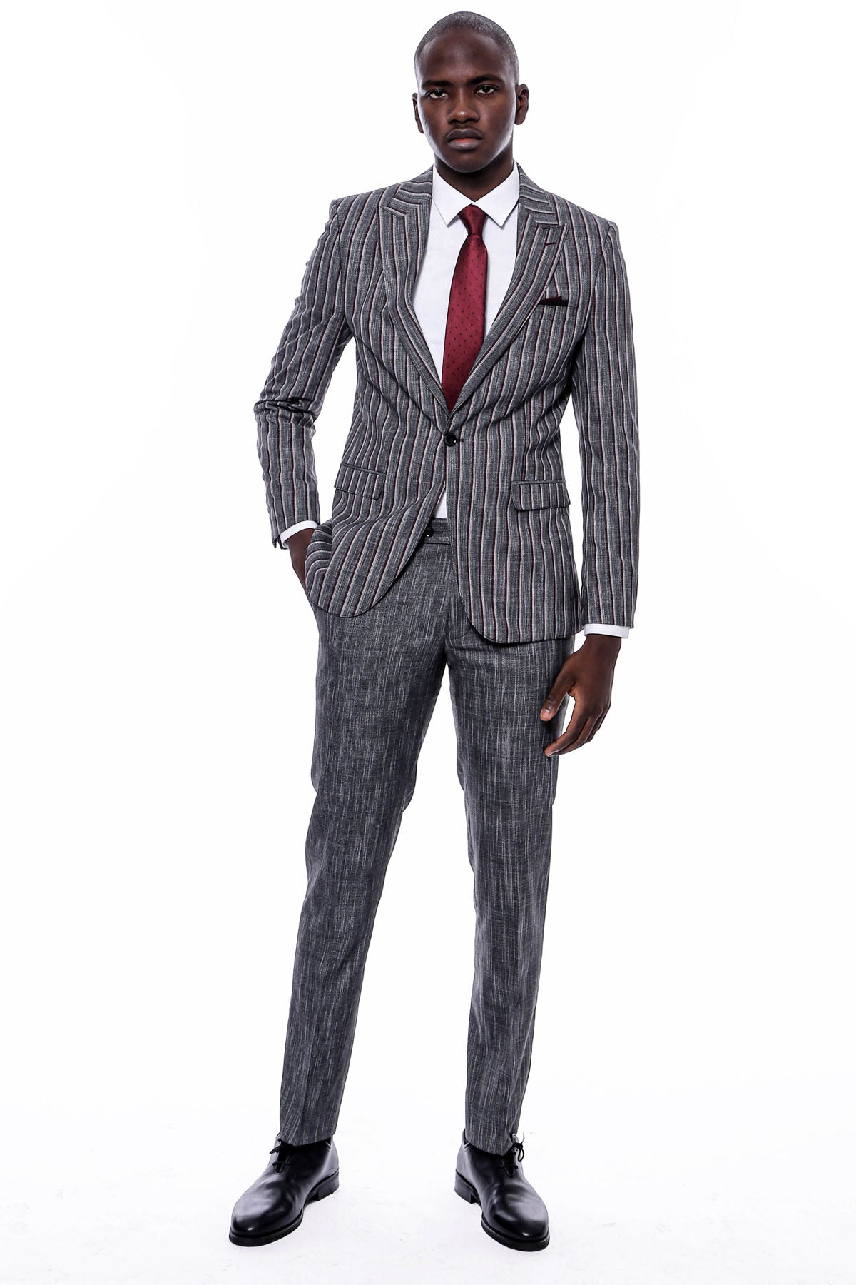 Striped Blazer Plain Pants Black Suit 1