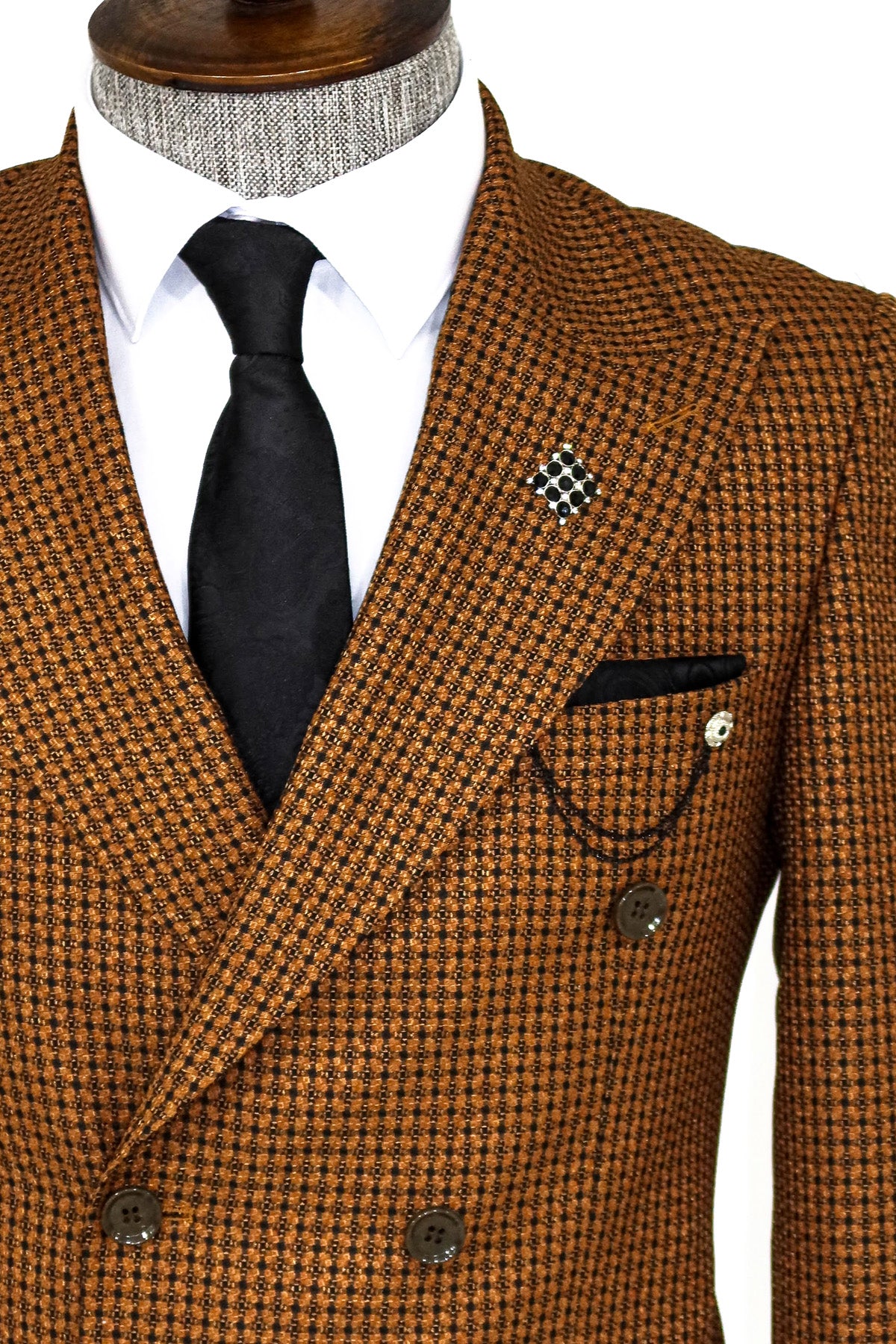 Tawny Houndstooth Patterned Double Breasted Blazer