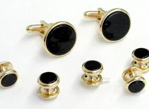 Genuine Onyx Stone/ Classic GOLD 19mm Round Links and 5 11mm Studs Formal Set / Import /Gift Boxed
