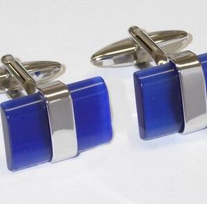 Blue Fiber Optic Stone / Polished Rhodium Strap Cufflinks /Import