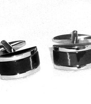 18mm x 10mm Semi Circle Polished Rhodium Cuff links/ Inlay Black or White Fiber Optic Polished Stone /import