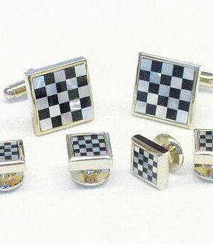 Genuine Onyx & Mother of Pearl Checkerboard Pattern Formal Set/Rhodium/ Import / Boxed