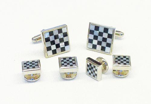 Genuine Onyx & Mother of Pearl Checkerboard Pattern Formal Set/Rhodium/ Import / Boxed