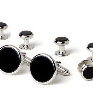 Genuine Onyx Stone/ Classic Rhodium Round 19mm Links and 5 11mm Studs Formal Set / Import /Gift Boxed