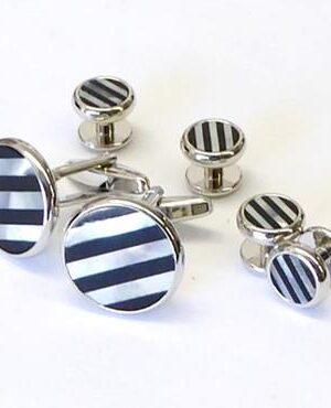 Round Inlaid Stripes of Genuine Mother of Pearl & Genuine Onyx / 19mm Links & 11mm Studs/ Formal Set /Import