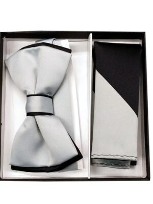Silver Grey / Black Tipped Bow Tie & Striped Pocket Square