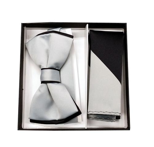 Silver Grey / Black Tipped Bow Tie & Striped Pocket Square