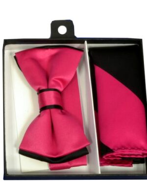 Hot Pink / Black Tipped Bow Tie & Striped Pocket Square
