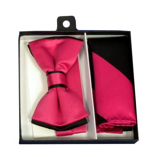 Hot Pink / Black Tipped Bow Tie & Striped Pocket Square 1