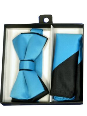 Bahama Blue / Black Tipped Bow Tie & Striped Pocket Square