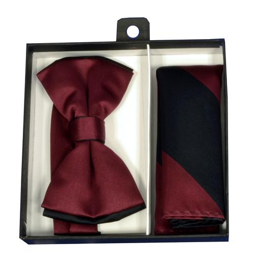 Burgundy / Black Tipped Bow Tie & Striped Pocket Square