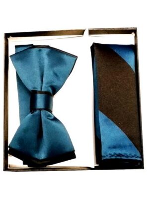 Sapphire Blue / Black Tipped Bow Tie & Striped Pocket Square