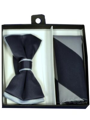 Charcoal / Silver Grey Tipped Bow Tie & Striped Pocket Square