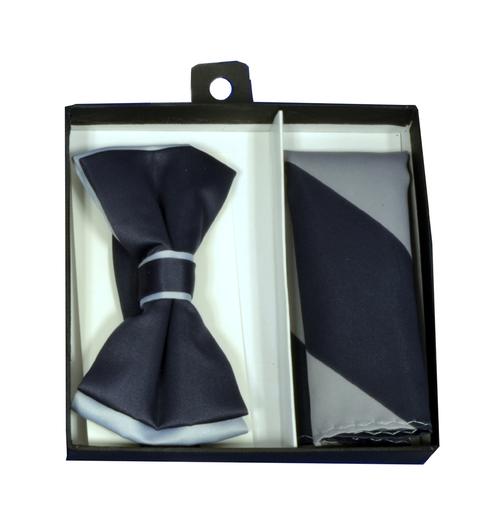 Charcoal / Silver Grey Tipped Bow Tie & Striped Pocket Square