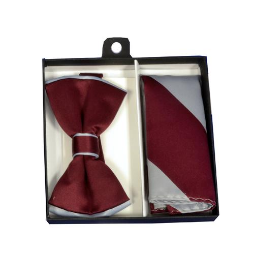 Burgundy / Silver Grey Tipped Bow Tie & Striped Pocket Square