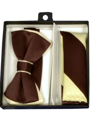 Chocolate / Beige Tipped Bow Tie & Striped Pocket Square
