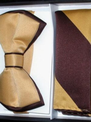 Camel / Chocolate Tipped Bow Tie & Striped Pocket Square