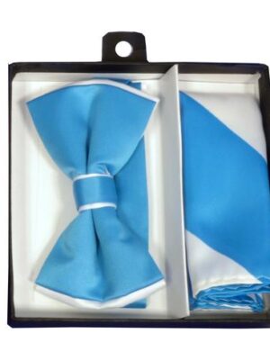 Turquoise Blue / White Tipped Bow Tie & Striped Pocket Square