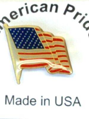 Waving American Flag lapel Pin 18mm by 23mm/Clear Coated/ Mounted on American Pride Card / Made in USA