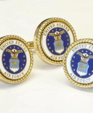 USAF MILITARY LOGO / BLUE CENTER /WHITE TRIM WITH GOLD ROPE BEZEL CUFF LINKS + LAPEL PIN /Gift Boxed / Import