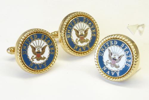 US NAVY EAGLE INSIGINA /BLUE BOARDER MILITARY LOGO / GOLD ROPE BEZEL CUFF LINKS + LAPEL PIN / Gift Boxed / Import