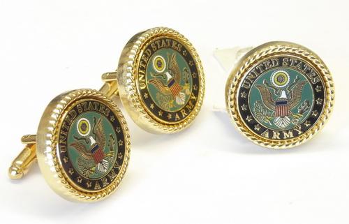 US ARMY MILITARY LOGO / Green Face/ Gold Rope Bezel Cuff links + lapel pin / Made in USA 1