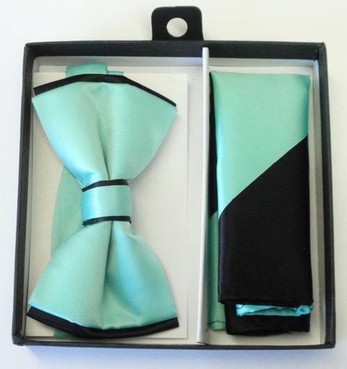 Sea Foam Aqua / Black Tipped Bow Tie & Striped Pocket Square