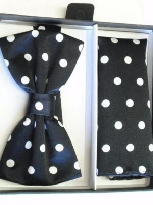 White Polka Dots on Black Bow Tie & White Polka Dots on Black Pocket Square