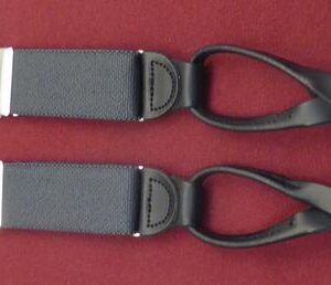 MEN'S 1 1/4 inch Charcoal Gray Suspenders /French Poly Gab/3 Black Leather Rabbit Ear Button On Ends/Black Joiner /Nickel Adjusters /42inch Length /BOXED ** Made in USA **