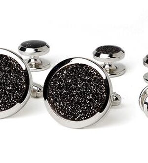 Jet Black Background / Silver Dust Flakes / 21mm Links 11mm Studs /Silver Formal Set / Import / Gift Boxed