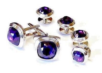 Triple Tier Soft Square Rhodium Formal Set /17mm Links 11mm Studs /Amethyst(deep Purple) Faceted Fiber Optic Stone /Import/ Gift Boxed