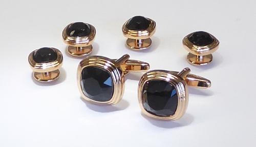 Triple Tier Soft Square Rose Gold Formal Set /17 mm Links 11mm Studs /Black Faceted Fiber Optic Stone / Import / Gift Boxed