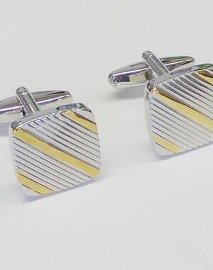 Two Tone 17mm Soft Square /polished silver & gold diagonal stripes Cuff Links / Import/ Gifted Boxed