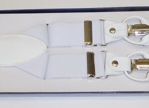 Mens White Convertible Suspender, Leather Button On or Clip On, 46" length to accommodate Big & Tall /Boxed / Import